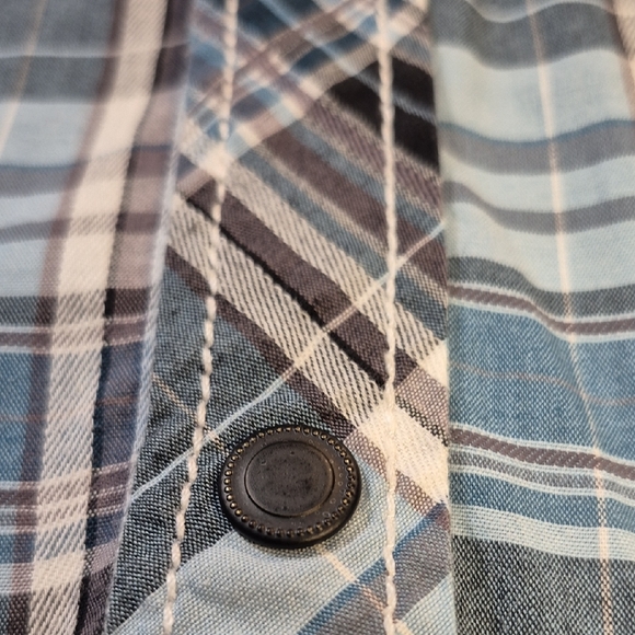 Buckle Black, Long Sleeve Black Label  Blue and Black Plaid Snap Down Mens Shirt - Picture 7 of 16